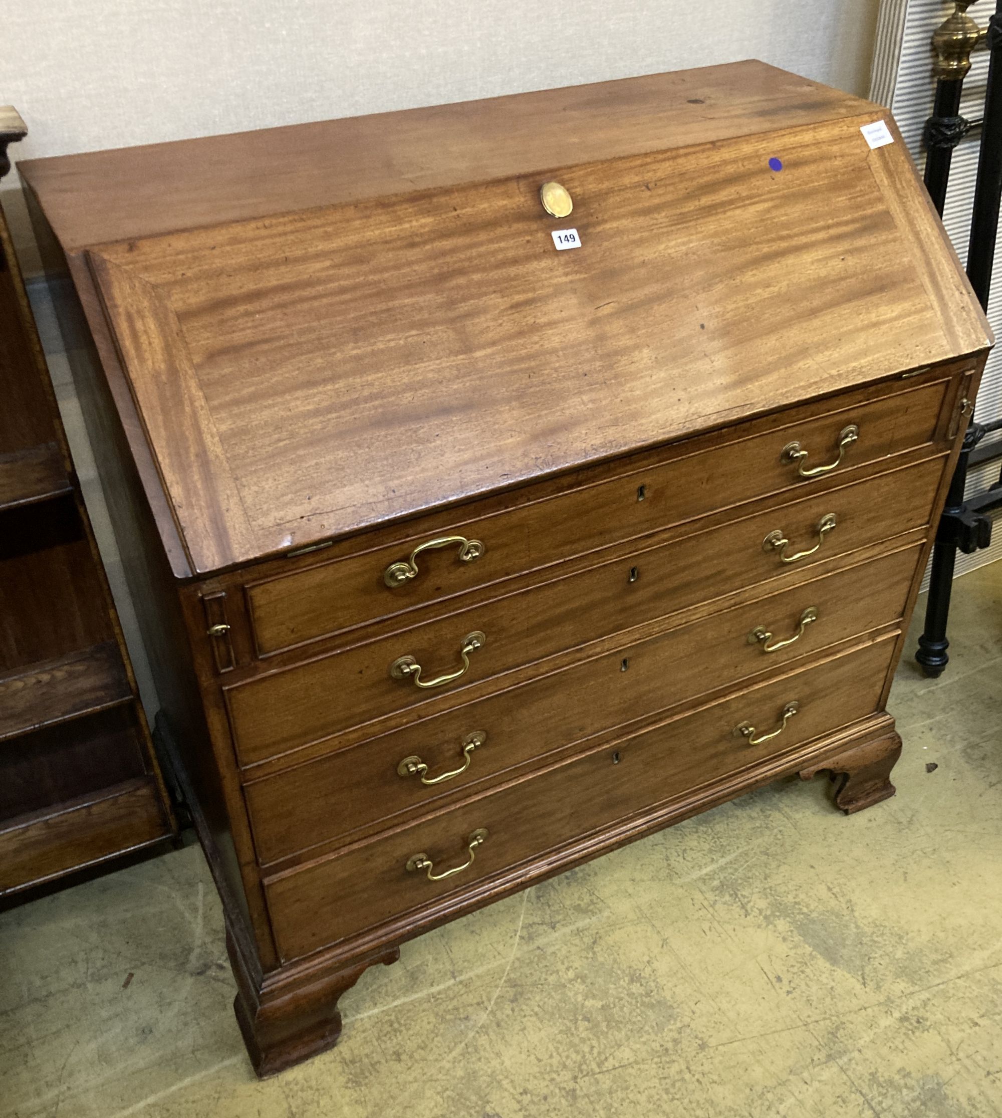 A George III mahogany bureau, width 107cm, depth 57cm, height 107cm
